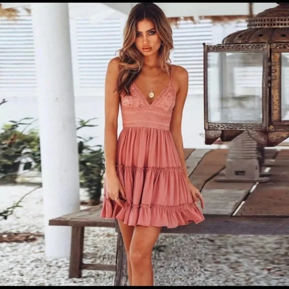 Pink Spaghetti Strap Backless Bow Knot Beach Dress - Picture 2 of 5